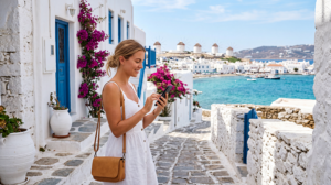 Tourist in Mykonos using mobile data near white houses, windmills and the Aegean Sea