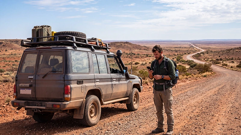 Traveler using mobile data while exploring remote Outback Australia