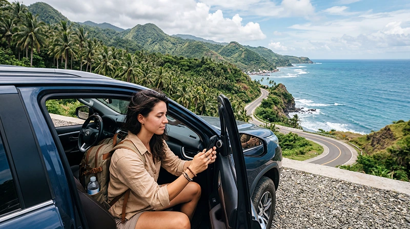 Traveler using mobile data while on a road trip through the Philippines