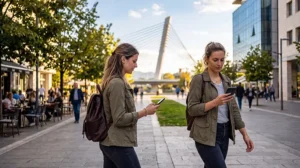 Traveler using mobile data while exploring Podgorica in Montenegro
