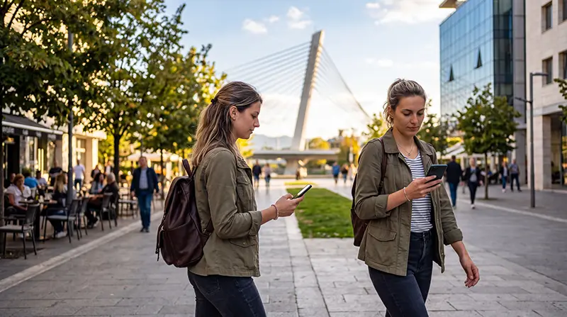 Traveler using mobile data while exploring Podgorica in Montenegro