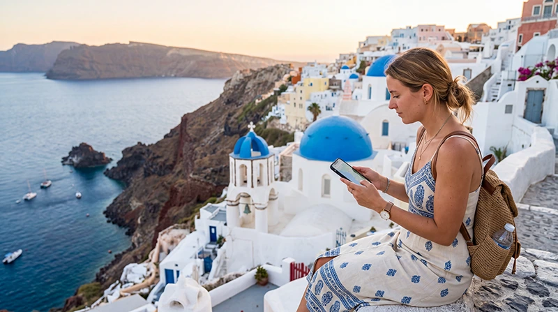 Tourist in Santorini using mobile data with white houses and the Aegean Sea in the background