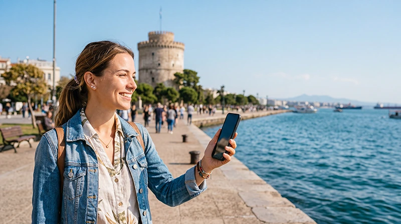 Tourist in Thessaloniki using mobile data near the White Tower and waterfront