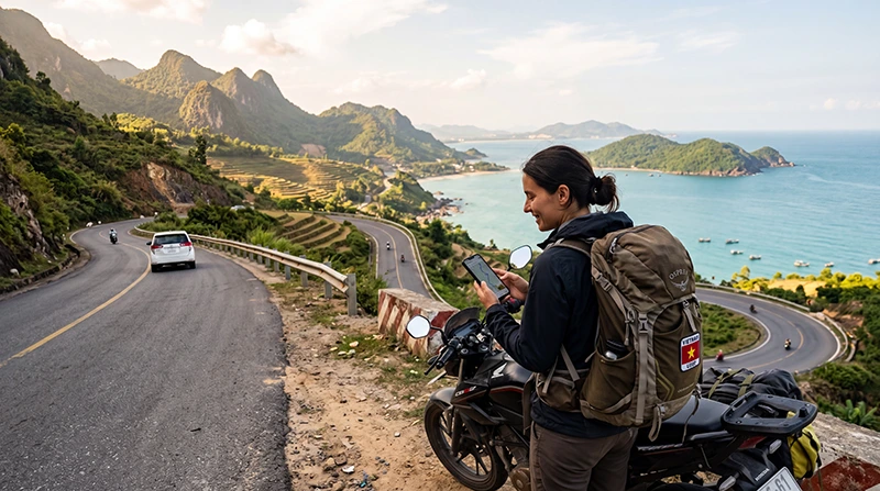 Traveler using mobile data during a road trip across Vietnam