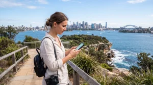 Traveler using mobile internet while exploring Australia