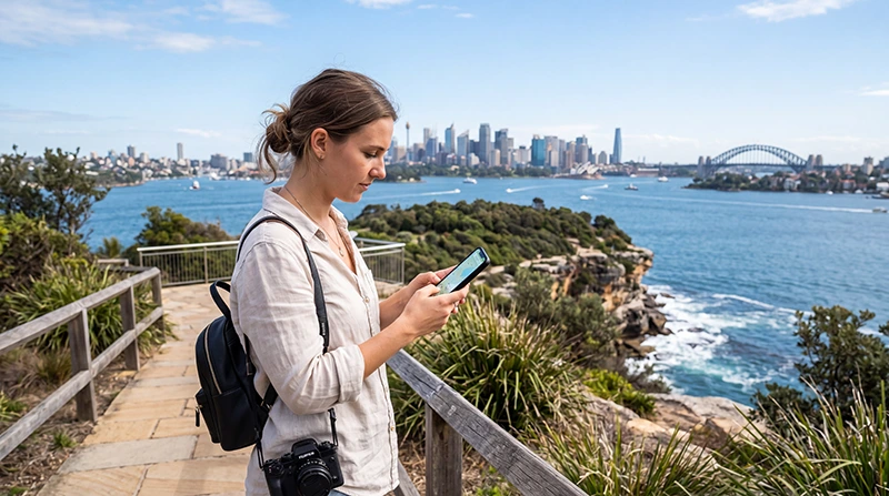 Traveler using mobile internet while exploring Australia
