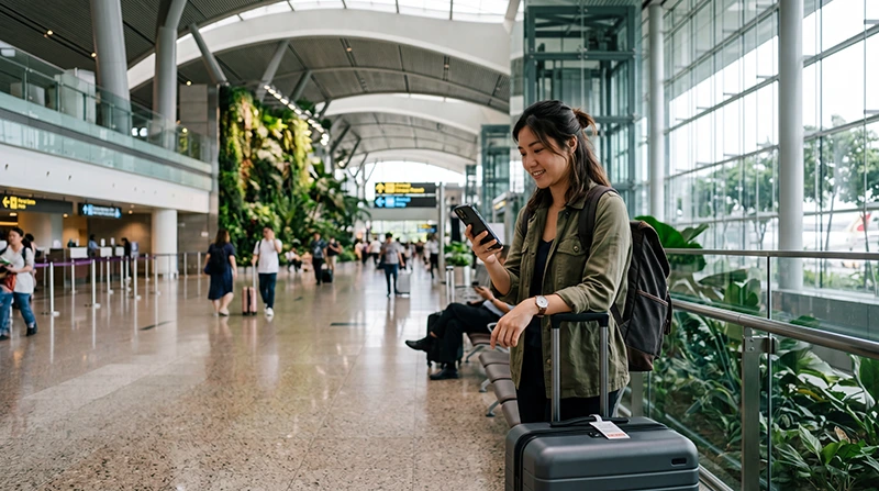 Traveler using mobile internet at Changi Airport with Singapore eSIM after landing