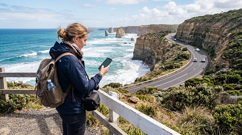 Traveler using mobile internet while exploring the Great Ocean Road in Australia