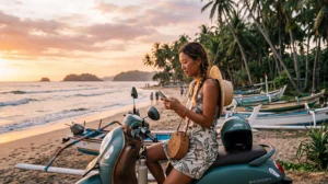Tourist using mobile internet on a smartphone in Bali, Indonesia with tropical beach and travel scenery