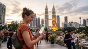 Traveler using mobile internet on a smartphone while exploring Kuala Lumpur, Penang and Langkawi in Malaysia