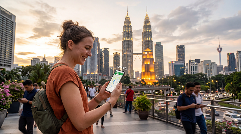 Traveler using mobile internet on a smartphone while exploring Kuala Lumpur, Penang and Langkawi in Malaysia