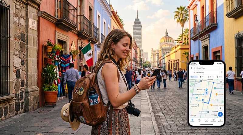 Traveler using mobile internet on a smartphone while exploring Mexico City, Cancun and Riviera Maya