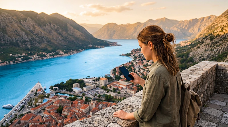 Traveler using mobile internet on a smartphone in Montenegro overlooking Kotor Bay
