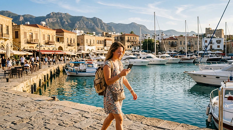 Traveler using mobile internet with an eSIM in North Cyprus