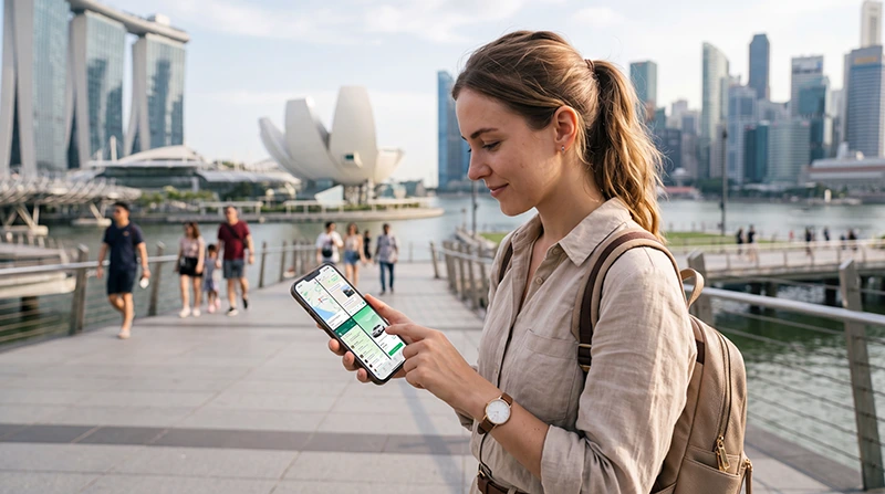 Traveler using mobile internet and Singapore eSIM while exploring Singapore