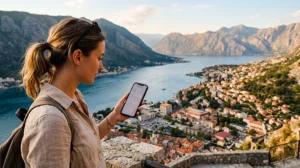 Traveler avoiding roaming charges while using mobile internet in Montenegro