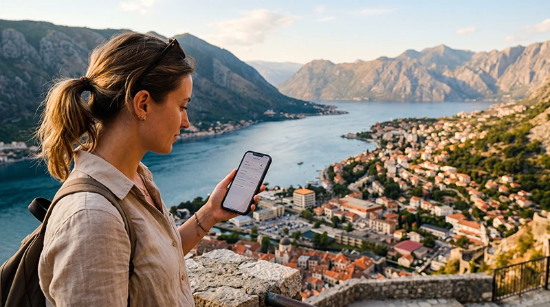 Traveler avoiding roaming charges while using mobile internet in Montenegro