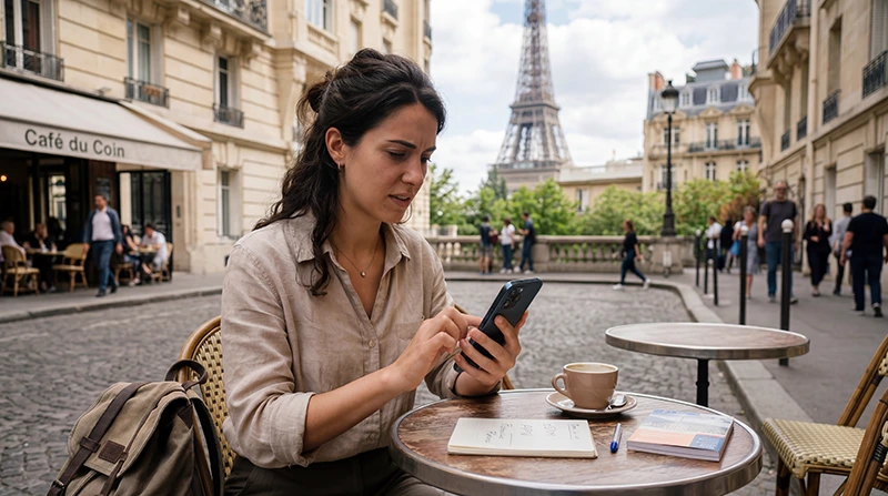Traveler fixing no internet issue with France eSIM on smartphone