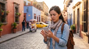 Traveler troubleshooting no internet on Mexico eSIM using smartphone