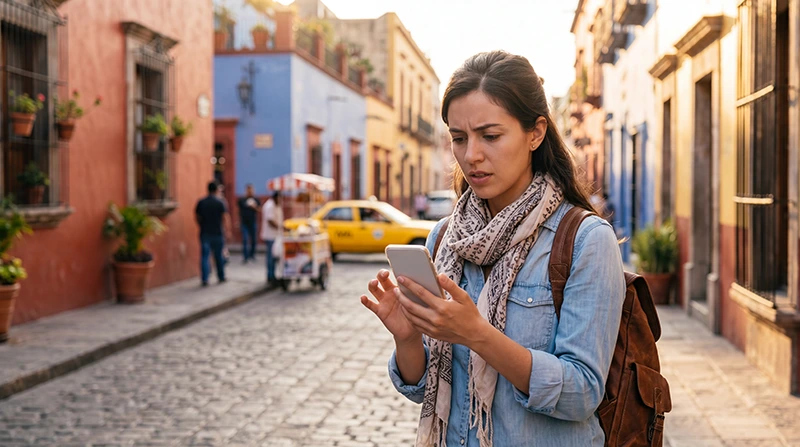 Traveler troubleshooting no internet on Mexico eSIM using smartphone