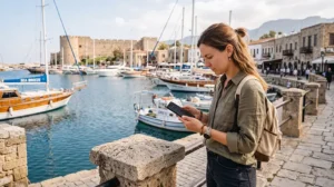 Traveler fixing no internet on an eSIM while visiting North Cyprus