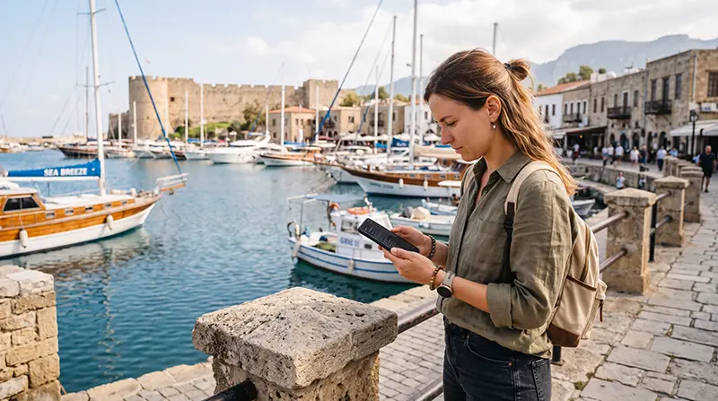 Traveler fixing no internet on an eSIM while visiting North Cyprus