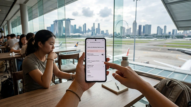 Traveler fixing no internet issue with Singapore eSIM mobile data settings