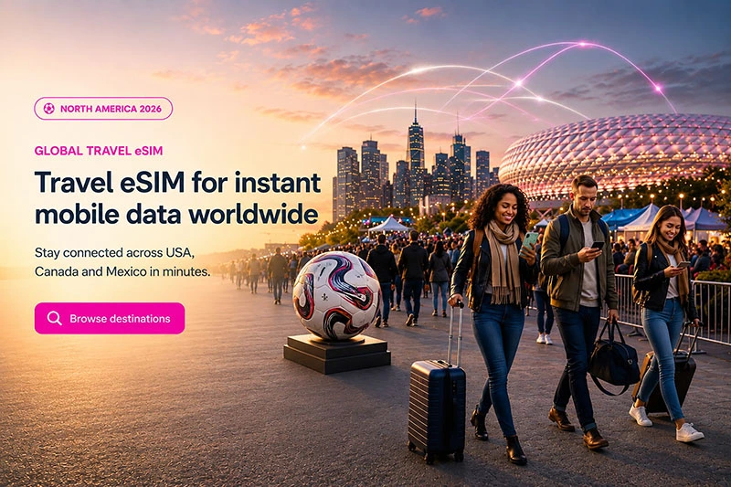 Travelers arriving for a major North America football tournament using eSIM mobile data near a stadium at sunset with luggage and connected devices.
