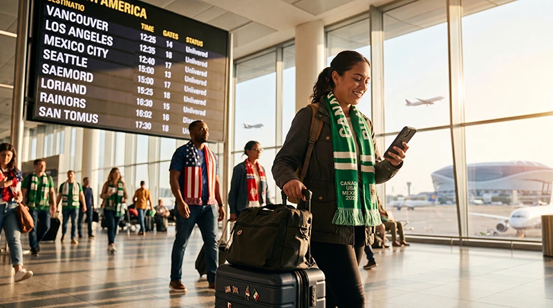Football fan using North America eSIM mobile data while traveling across USA Canada and Mexico during World Cup 2026