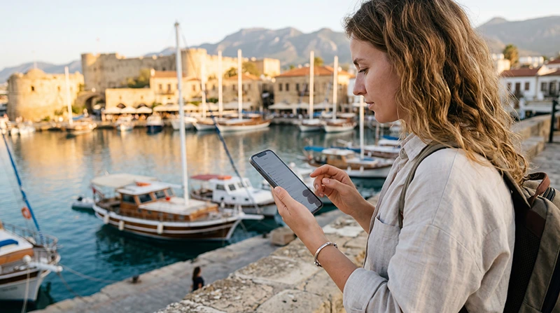 Traveler setting up a North Cyprus eSIM on an iPhone before travel