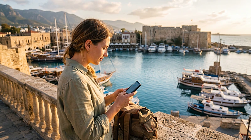 Traveler avoiding roaming charges in North Cyprus by using an eSIM