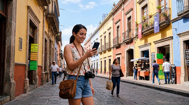 Tourist using smartphone with mobile internet while exploring Guadalajara city center