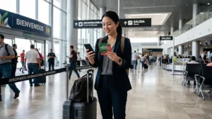 Traveler using mobile internet on smartphone after arriving at Monterrey International Airport
