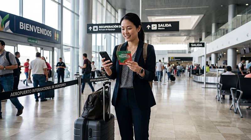 Traveler using mobile internet on smartphone after arriving at Monterrey International Airport