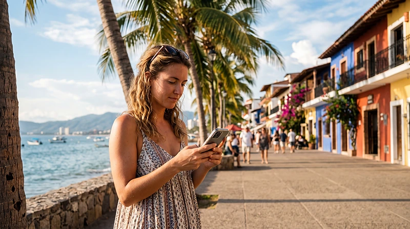 Tourist using smartphone with mobile internet while exploring Puerto Vallarta waterfront