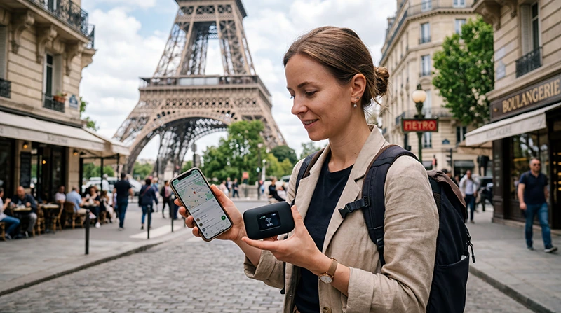 Traveler comparing pocket WiFi and France eSIM for mobile internet in France