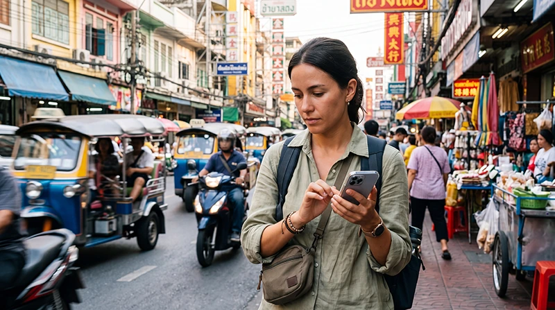 Traveler using regional Asia eSIM across multiple Asian countries with mobile internet and travel apps