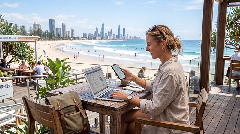Remote worker using mobile internet while working from Australia