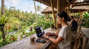 Remote worker using laptop and mobile internet while working from a coworking space in Bali Indonesia