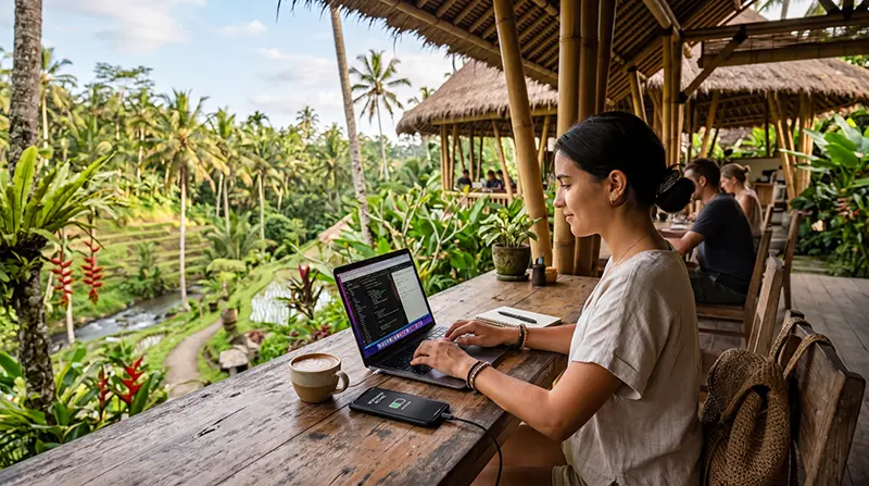 Remote worker using laptop and mobile internet while working from a coworking space in Bali Indonesia
