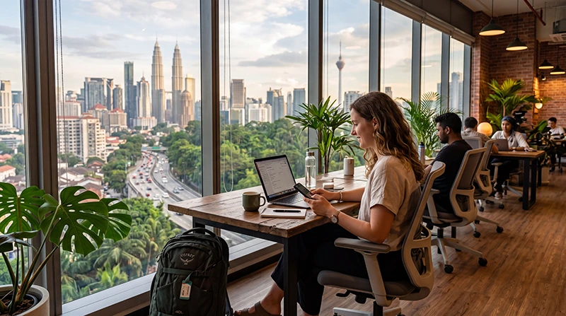 Remote worker using mobile internet and laptop while working from Malaysia