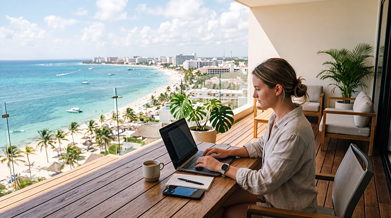 Remote worker using laptop and mobile internet while working from Mexico