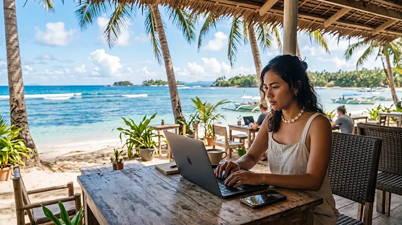 Remote worker using mobile internet while working from a tropical destination in the Philippines