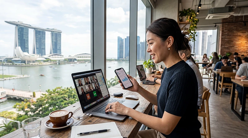 Remote worker using mobile internet in Singapore with eSIM for laptop hotspot, video calls and work apps