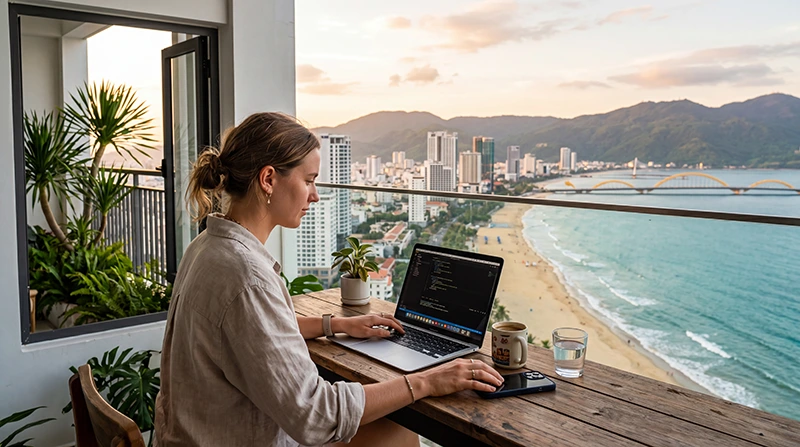Remote worker using reliable mobile internet while working from Vietnam