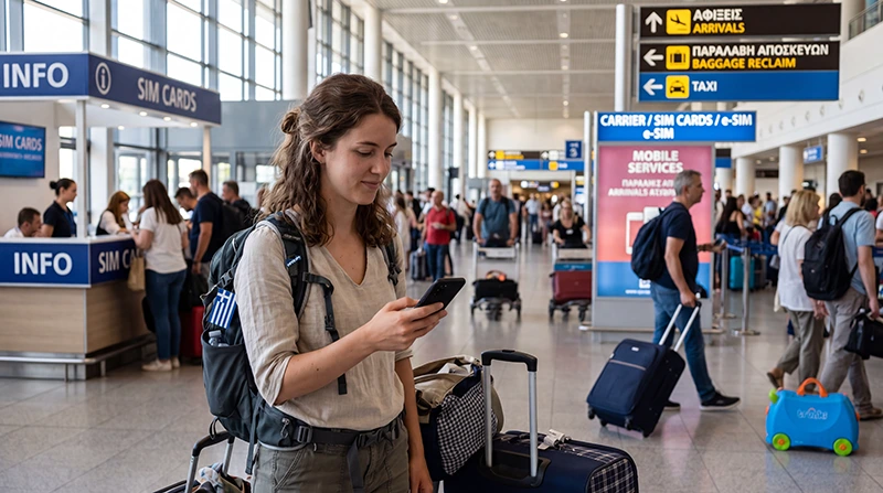 Tourist at Athens Airport using mobile internet after arriving in Greece