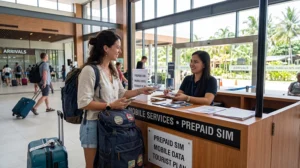 Tourist buying a prepaid SIM card at Bohol Panglao International Airport in the Philippines