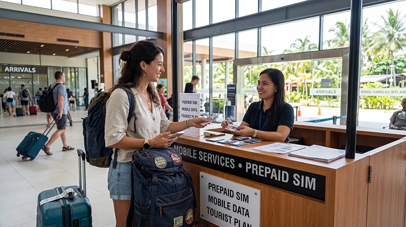 Tourist buying a prepaid SIM card at Bohol Panglao International Airport in the Philippines
