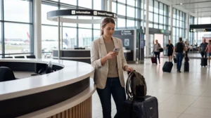 Tourist buying a SIM card at Brisbane Airport after arriving in Australia