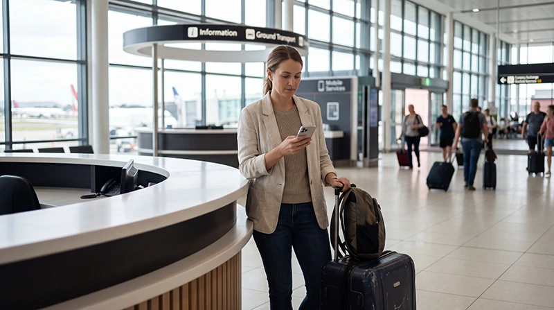Tourist buying a SIM card at Brisbane Airport after arriving in Australia